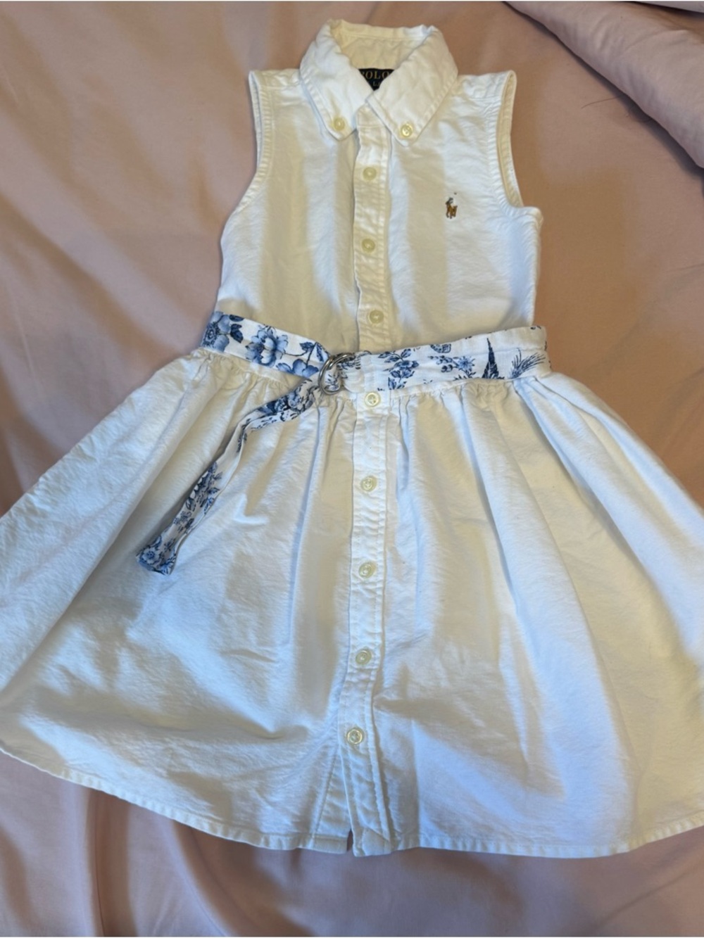 Ralph Lauren White Sleeveless Button-Front Dress with Blue Floral Belt